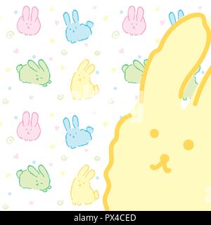 Bunnies background card with pattern cute rabbits fluffy kawaii wallpaper yellow bunny card design with close up portrait of rabbit Easter kawaii hare Stock Vector