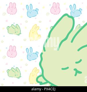 Bunnies background card with pattern cute rabbits fluffy kawaii wallpaper green sleepy bunny card design with close up portrait of rabbit Easter kawai Stock Vector