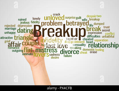 Breakup word cloud and hand with marker concept on gradient background. Stock Photo