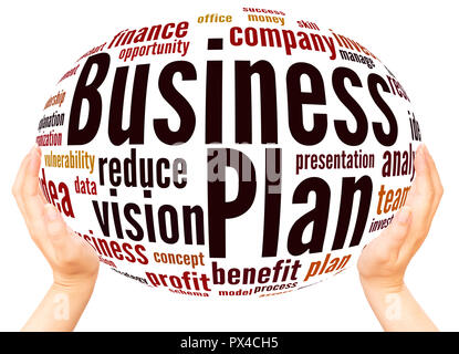 Business Plan word cloud hand sphere concept on white background. Stock Photo