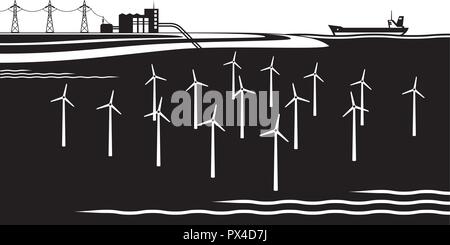 Offshore wind turbines farm - vector illustration Stock Vector