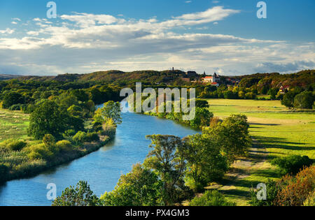 River Saale with Wettin Castle, Wettin, Lower Saale Valley nature park Park, Saxony-Anhalt, Germany Stock Photo