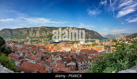 Panorama over Kotor bay with harbor, Montenegro Stock Photo