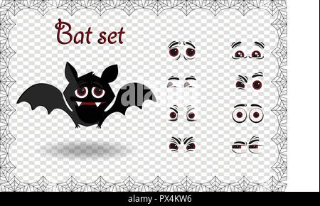 Halloween vector set for creating character of kawaii black cartoon bat with fangs and different emotions on transparent background framed with elegan Stock Vector
