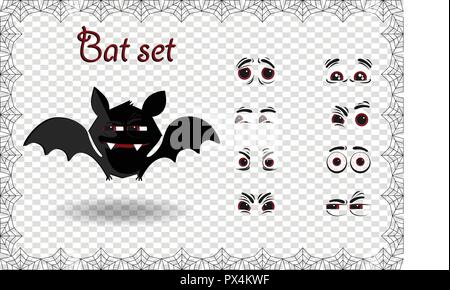 Halloween vector set for creating character of kawaii black cartoon bat with fangs and different emotions on transparent background framed with elegan Stock Vector