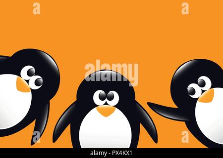 three funny penguins cartoon on orange background vector illustration EPS10 Stock Vector