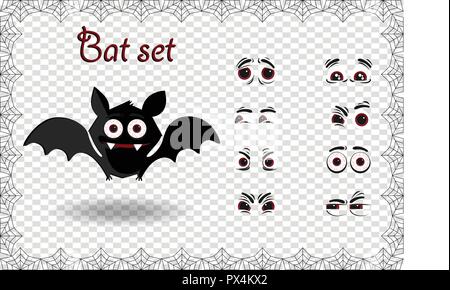 Halloween vector set for creating character of kawaii black cartoon bat with fangs and different emotions on transparent background framed with elegan Stock Vector