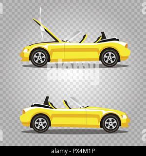 Vector set of broken yellow luxury cabriolet sport cartoon car with opened hood covered with smoke. Car crash before and after. Clip art illustration  Stock Vector