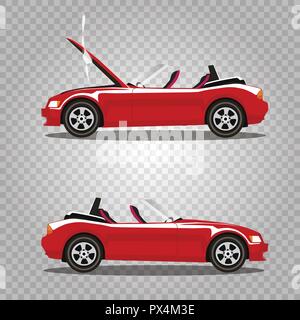 Vector set of broken red luxury cabriolet sport cartoon car with opened hood covered with smoke. Car crash before and after. Clip art illustration iso Stock Vector