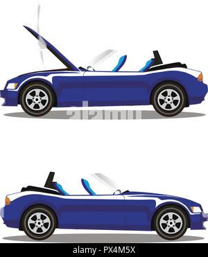 Broken lilac cabriolet sport cartoon car with opened hood covered with smoke. Car crash before and after. Vector illustration isolated on white backgr Stock Vector