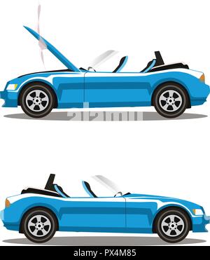 Broken lilac cabriolet sport cartoon car with opened hood covered with smoke. Car crash before and after. Vector illustration isolated on white backgr Stock Vector