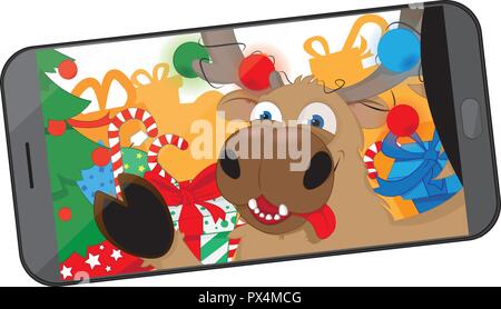 a vector cartoon representing a funny reindeer taking himself a selfie and posing in Santa's workshop, in the middle of presents Stock Vector