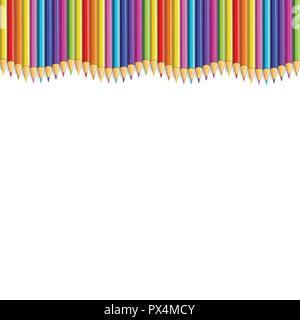 Colored pencils up line in shape of wave, multicolored border frame with empty copy space for text isolated on white background. Creative back to scho Stock Vector