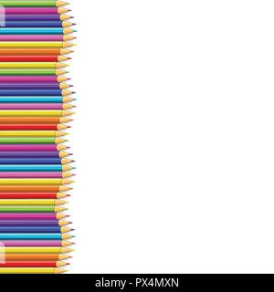 Colored pencils left side line in shape of wave, multicolored border frame with empty copy space for text isolated on white background. Creative back  Stock Vector