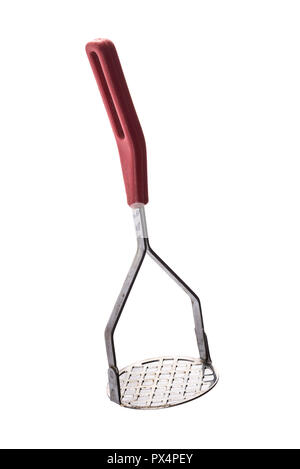 metallic potato masher or crusher with red handle, isolated on white background Stock Photo