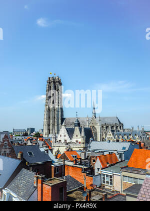 Panorma of the old town of Mechelen and the Saint Rumbold's Cathedral, in the province of Antwerp, Belgium Stock Photo