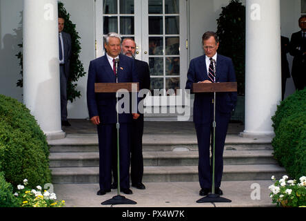 Russian President Boris Nikolayvich Yeltsin and United States President George H.W. Bush deliver remarks in the Rose Garden of the White House, Washington DC. June 20th 1991 at the conclusion of their earlier meeting in the Oval Office Credit: Mark Reinstein/MediaPunch Stock Photo