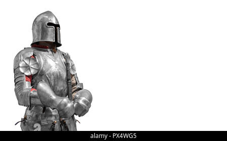 Knight in shiny metal armor on a white background. Stock Photo