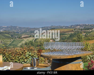 View of a group of wine glasses on the Langhe countryisde. It's a very popular place because of the good wines and food Stock Photo