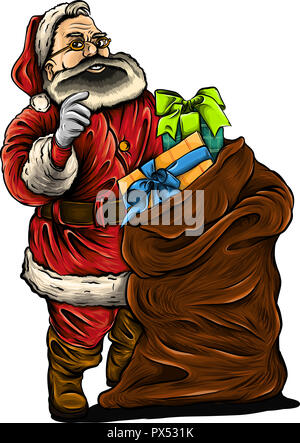 vintage Christmas badge with cartoon Santa Claus holding a present. Retro illustration. Stock Photo