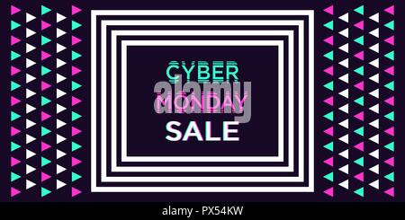 Cyber Monday Sale, Banner. Vector illustration of Cyber Monday billboard with border of concentric rectangles and triangles, holiday poster. Dark back Stock Vector