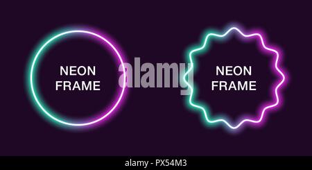 Neon frame in circle shape. Vector template of neon border in turquoise and purple color, creative glowing circle in outline. Modern background for de Stock Vector