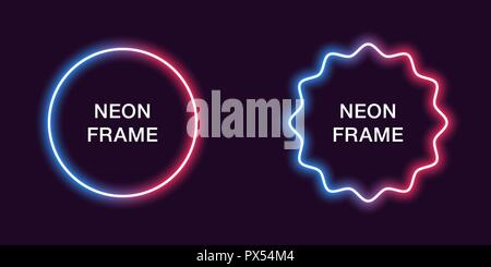 Neon frame in circle shape. Vector template of neon border in blue and red color, creative glowing circle in outline. Modern background for design of  Stock Vector
