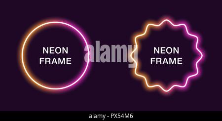 Neon frame in circle shape. Vector template of neon border in orange and pink color, creative glowing circle in outline. Modern background for design  Stock Vector