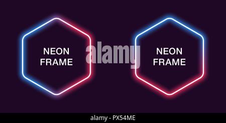 Neon frame in hexagonal shape. Vector template of neon border in blue and red color, creative glowing hexagon in outline. Modern background for design Stock Vector