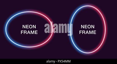 Neon frame in oval shape. Vector template of neon border in blue and red color, creative glowing ellipse in outline. Modern background for design of b Stock Vector
