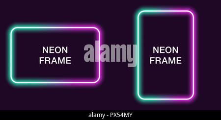 Neon frame in rectangular shape. Vector template of neon border in turquoise and purple color, creative glowing rectangular in outline. Background for Stock Vector