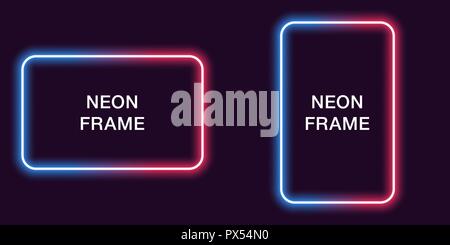 Neon frame in rectangular shape. Vector template of neon border in blue and red color, creative glowing rectangular in outline. Modern background for  Stock Vector