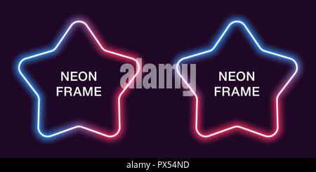 Neon frame in star shape. Vector template of neon border in blue and red color, creative glowing star in outline. Modern background for design of bann Stock Vector