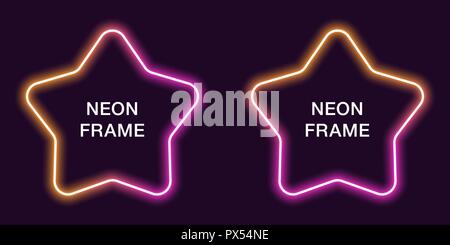 Neon frame in star shape. Vector template of neon border in orange and pink color, creative glowing star in outline. Modern background for design of b Stock Vector