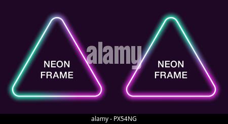 Neon frame in triangular shape. Vector template of neon border in turquoise and purple color, creative glowing triangle in outline. Background for des Stock Vector