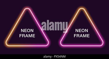 Neon frame in triangular shape. Vector template of neon border in orange and pink color, creative glowing triangle in outline. Modern background for d Stock Vector