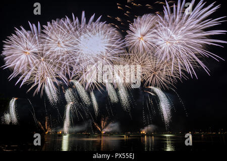 Giant fireworks display with many explosion on night sky Stock Photo
