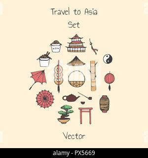 Colorful vector asian set. Includes oriental elements contours: umbrellas, coins, lanterns, bonsai, torii gates, noodles, traditional hat, tea pot, ba Stock Vector