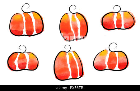 Watercolor pumpkins drawing with. Autumn set of elements on isolated white background Stock Photo