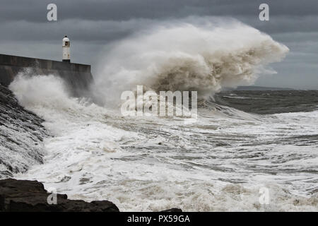 Storm Waves Breaking Against Porthcawl Breakwater Stock Photo