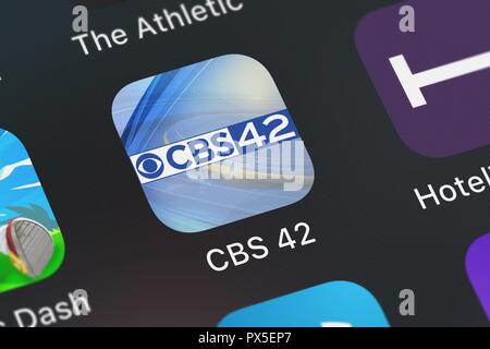 London, United Kingdom - October 19, 2018: Screenshot of the CBS 42 - AL News  Weather mobile app from LIN Television Corporation icon on an iPhone. Stock Photo