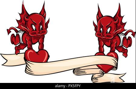 vector illustration Devil Monster with hearth and ribbon Stock Vector