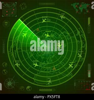 Abstract military radar display with with planes traces and target sign Stock Vector