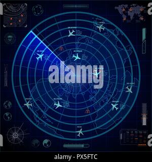 Bright military radar display with with planes traces and target signs on blue Stock Vector
