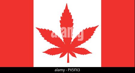 Flag of Canada design with a red cannabis leaf. Concept of the legalization of marijuana in Canada. Red and white vector or illustration. Stock Vector