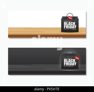 Black friday sale shopping bag on wood table background. Use for cover, poster, flyer, discount, shopping, promotion, advertising. Stock Vector