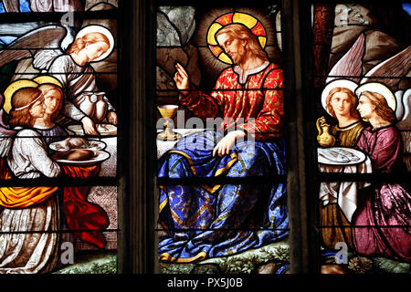 Saint Nizier church.  Stained glass window. Jesus Tempted in the Wilderness with Angels. 1880. Lyon. France. Stock Photo