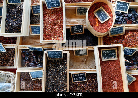 Various spices displayed at a market.  France. Stock Photo
