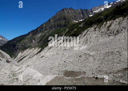 French Alps. Mont Blanc massif. The Mer De Glace glacier  which has thinned 150 meters since 1820, and retreated by 2300 meters. Chamonix. France. Stock Photo