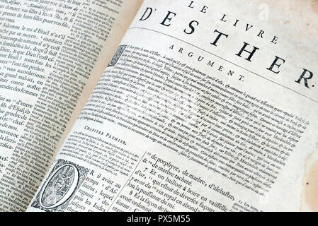 Old bible in French, 1669.  Old Testament. The book of Esther. Stock Photo
